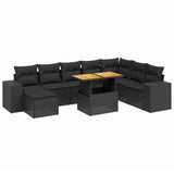 9 Piece Garden Sofa Set with Cushions Black Poly Rattan - Front View