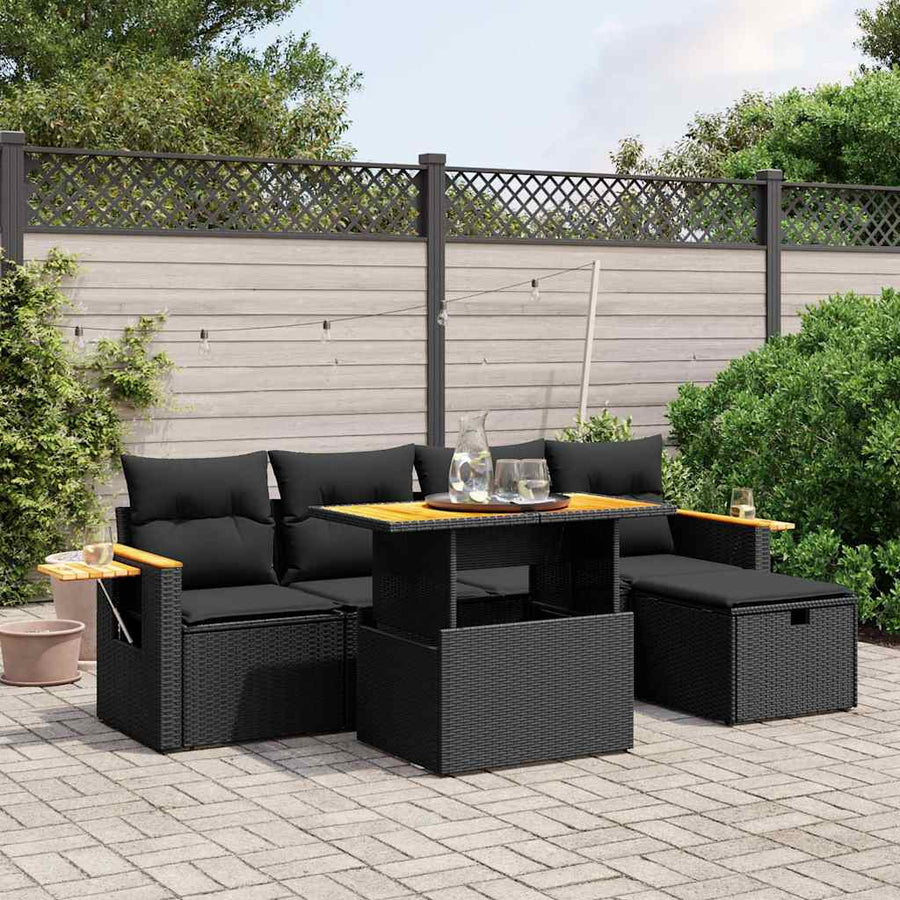 6 Piece Garden Sofa Set with Cushions Black Poly Rattan