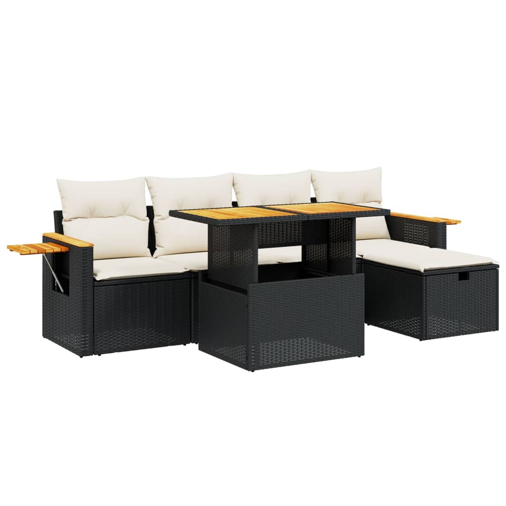 6 Piece Garden Sofa Set with Cushions Black Poly Rattan