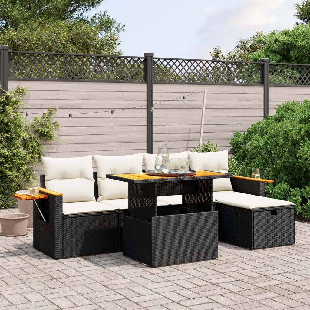 6 Piece Garden Sofa Set with Cushions Black Poly Rattan