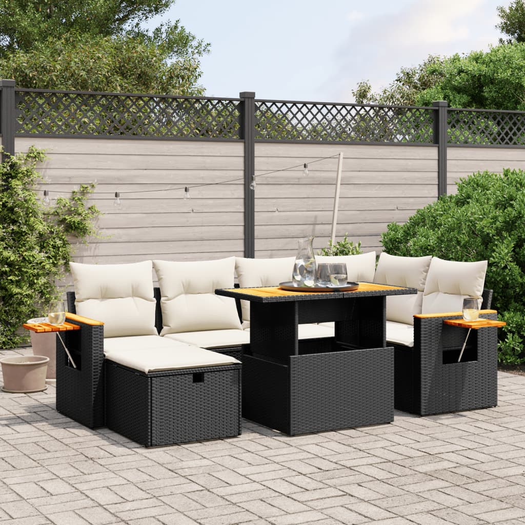 7 Piece Garden Sofa Set with Cushions Black Poly Rattan