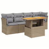 5 Piece Garden Sofa Set with Cushions Beige Poly Rattan - Front View