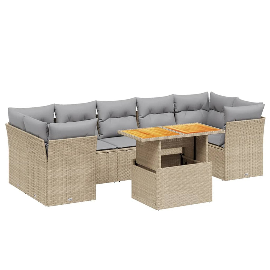 8 Piece Garden Sofa Set with Cushions Beige Poly Rattan