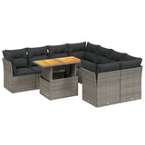 9 Piece Garden Sofa Set with Cushions Grey Poly Rattan - Front View