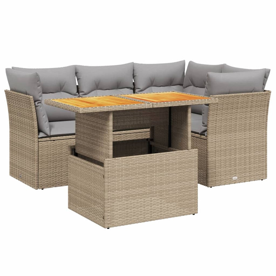 5 Piece Garden Sofa Set with Cushions Beige Poly Rattan
