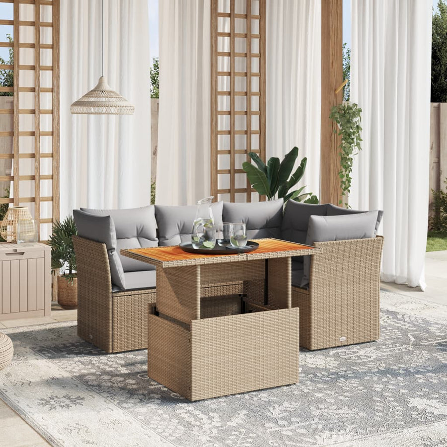 5 Piece Garden Sofa Set with Cushions Beige Poly Rattan