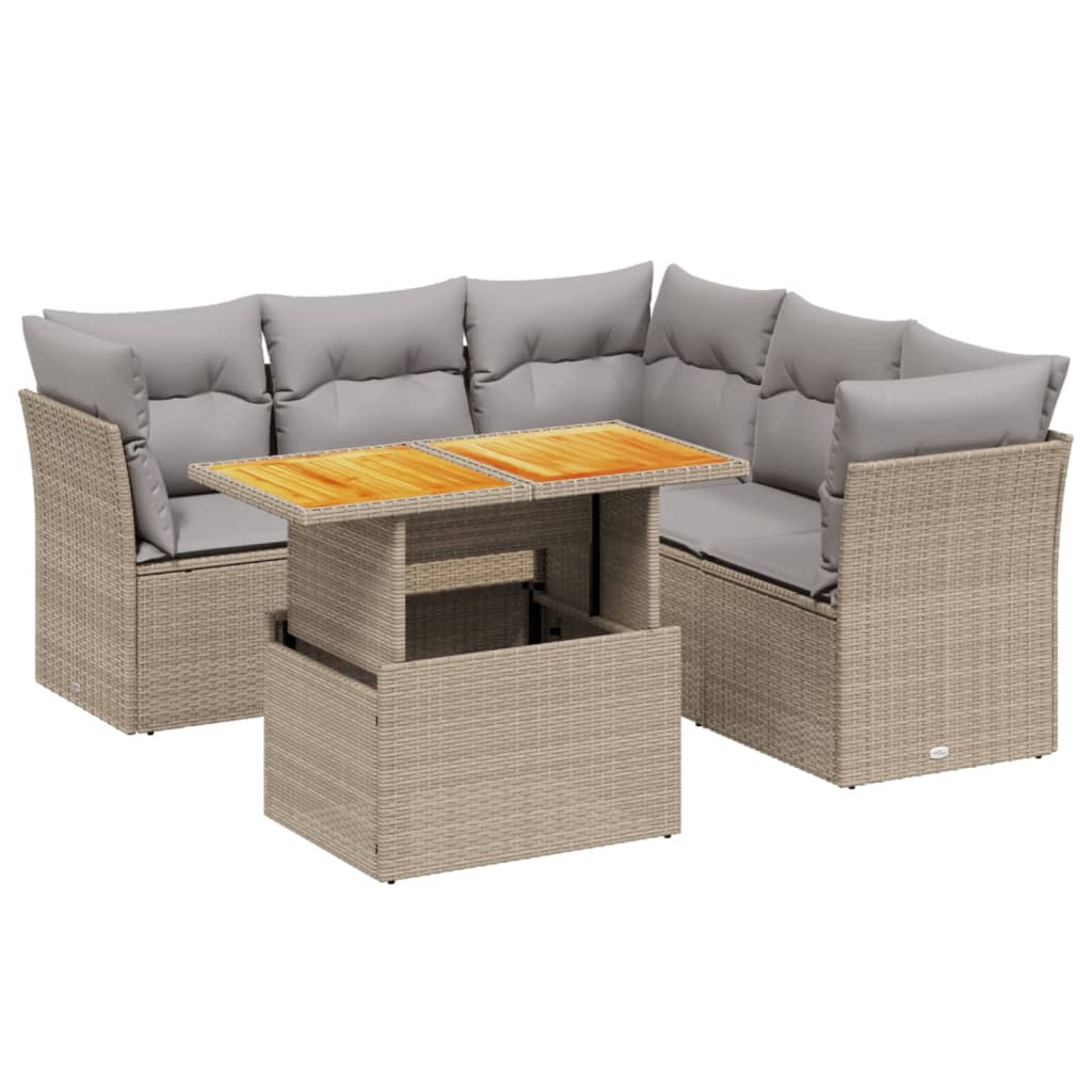 5 Piece Garden Sofa Set with Cushions Beige Poly Rattan