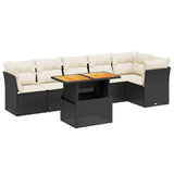 7 Piece Garden Sofa Set with Cushions Black Poly Rattan - Front View