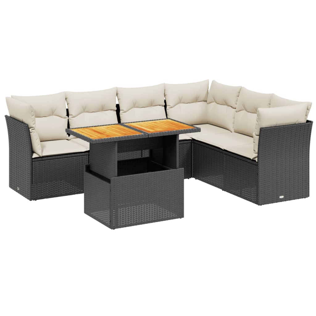 7 Piece Garden Sofa Set with Cushions Black Poly Rattan