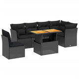7 Piece Garden Sofa Set with Cushions Black Poly Rattan - Front View