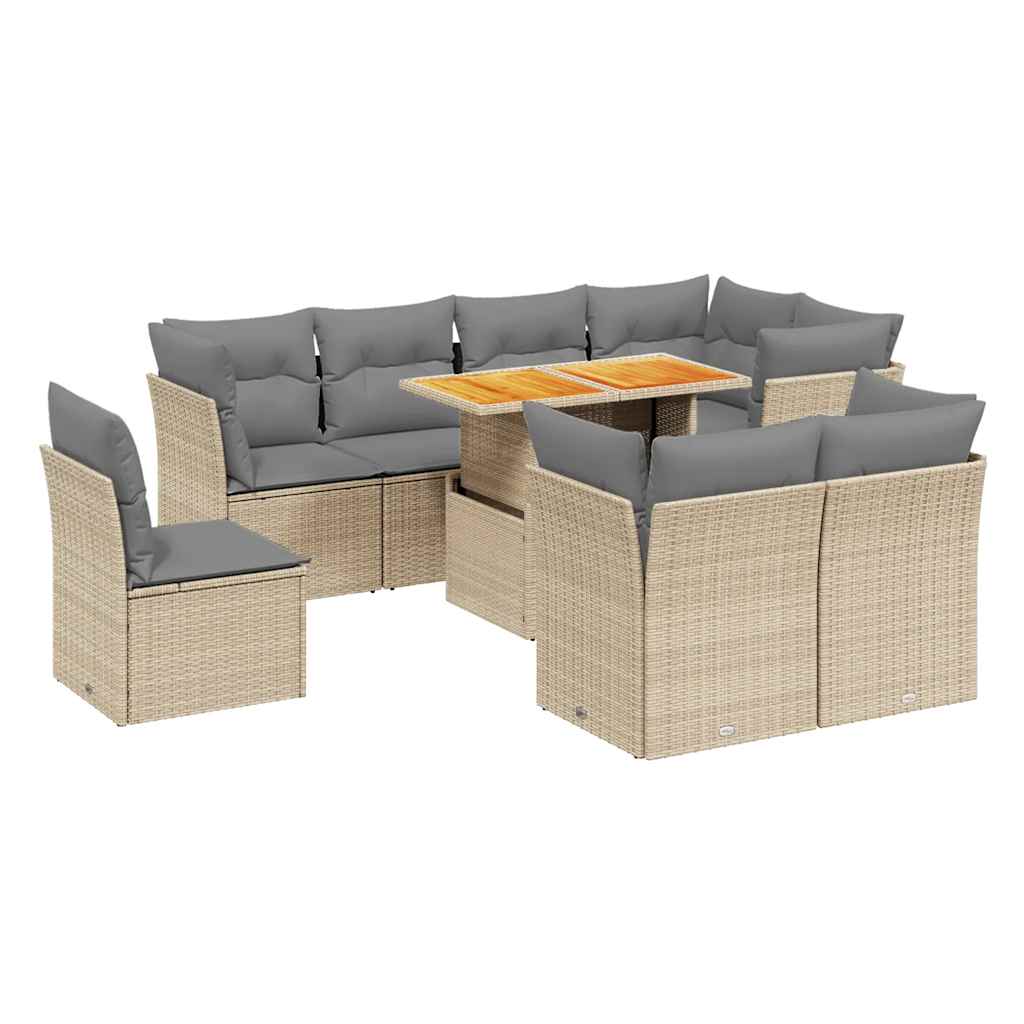 9 Piece Garden Sofa Set with Cushions Beige Poly Rattan