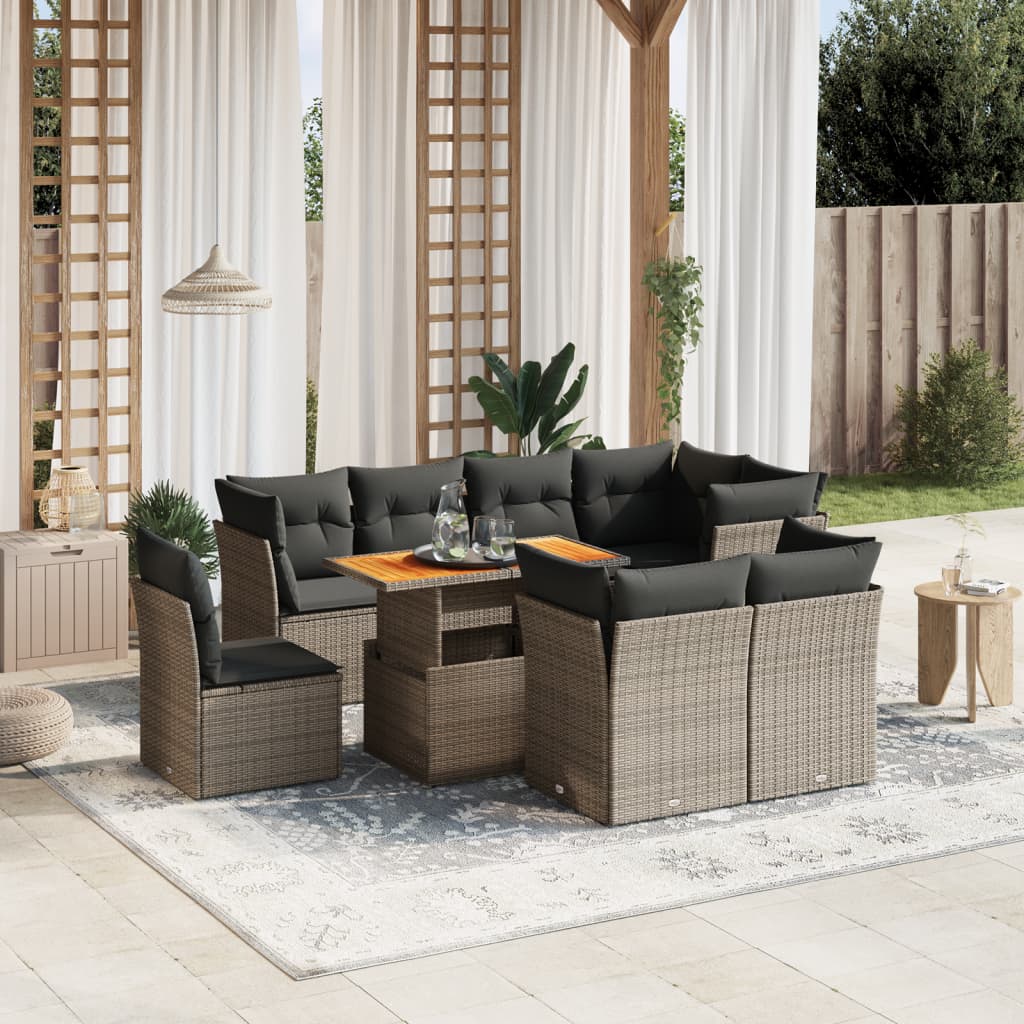 9 Piece Garden Sofa Set with Cushions Grey Poly Rattan