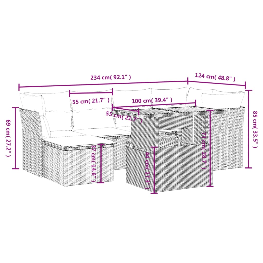 7 Piece Garden Sofa Set with Cushions Grey Poly Rattan