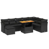 9 Piece Garden Sofa Set with Cushions Black Poly Rattan - Front View