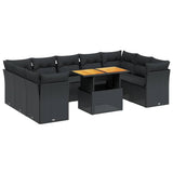 10 Piece Garden Sofa Set with Cushions Black Poly Rattan - Front View