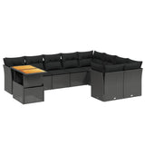 10 Piece Garden Sofa Set with Cushions Black Poly Rattan - Front View