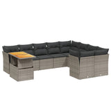 10 Piece Garden Sofa Set with Cushions Grey Poly Rattan - Front View