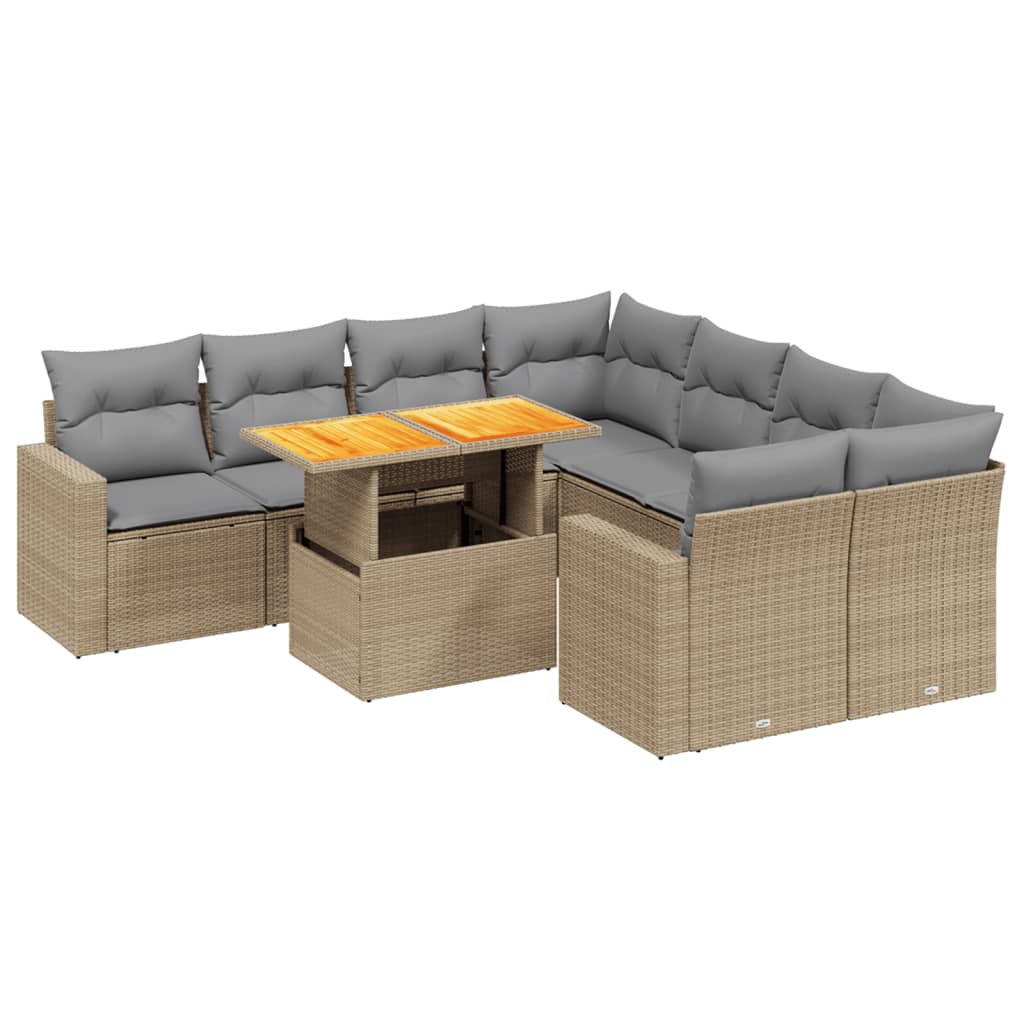 9 Piece Garden Sofa Set with Cushions Beige Poly Rattan