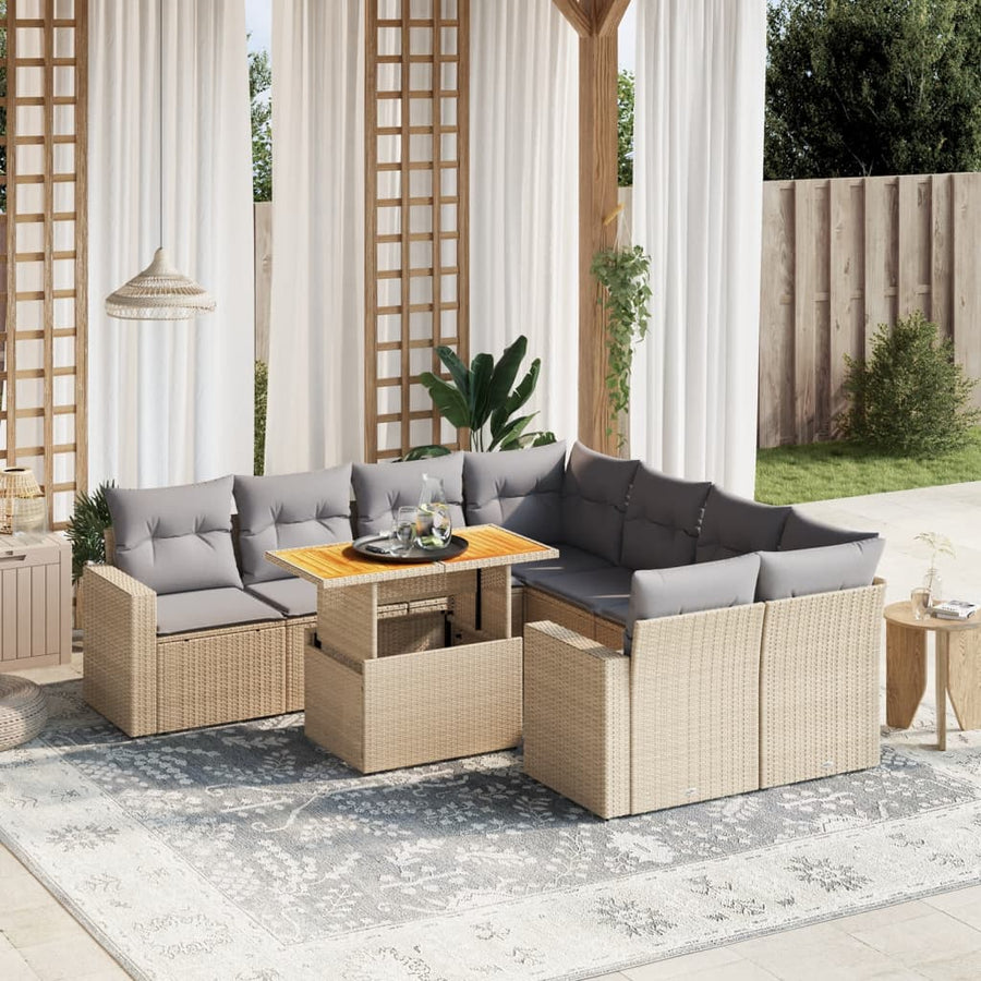 9 Piece Garden Sofa Set with Cushions Beige Poly Rattan