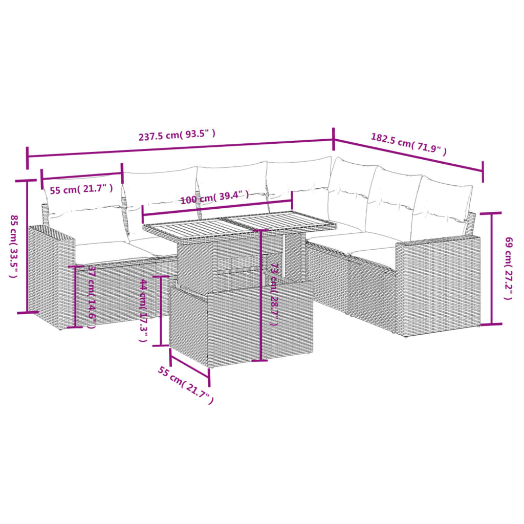 7 Piece Garden Sofa Set with Cushions Grey Poly Rattan