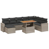 9 Piece Garden Sofa Set with Cushions Grey Poly Rattan - Front View