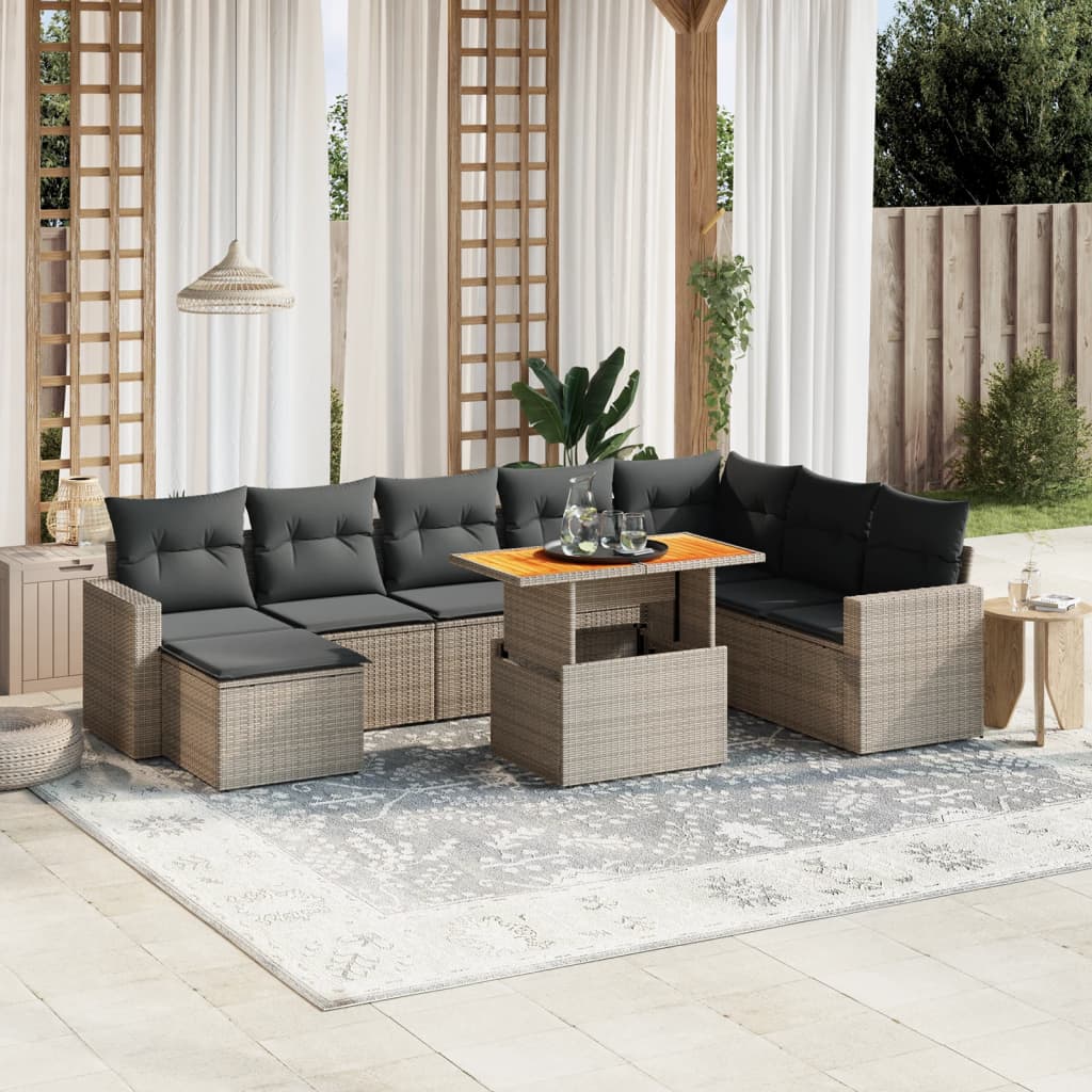 9 Piece Garden Sofa Set with Cushions Grey Poly Rattan