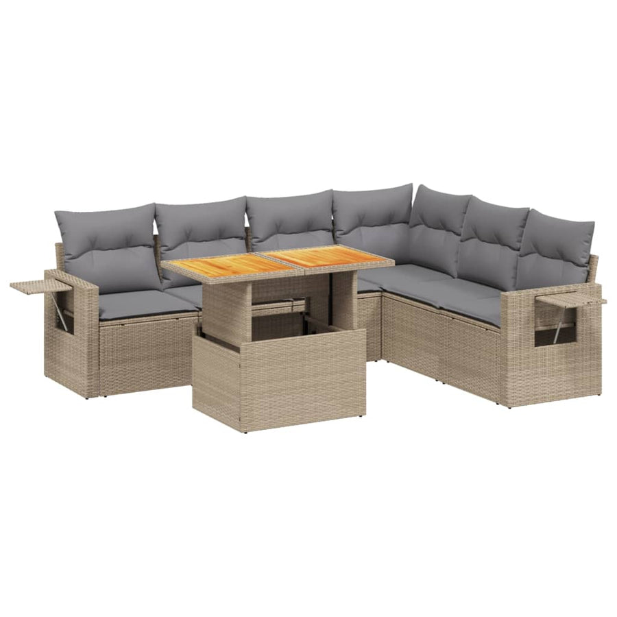 7 Piece Garden Sofa Set with Cushions Beige Poly Rattan