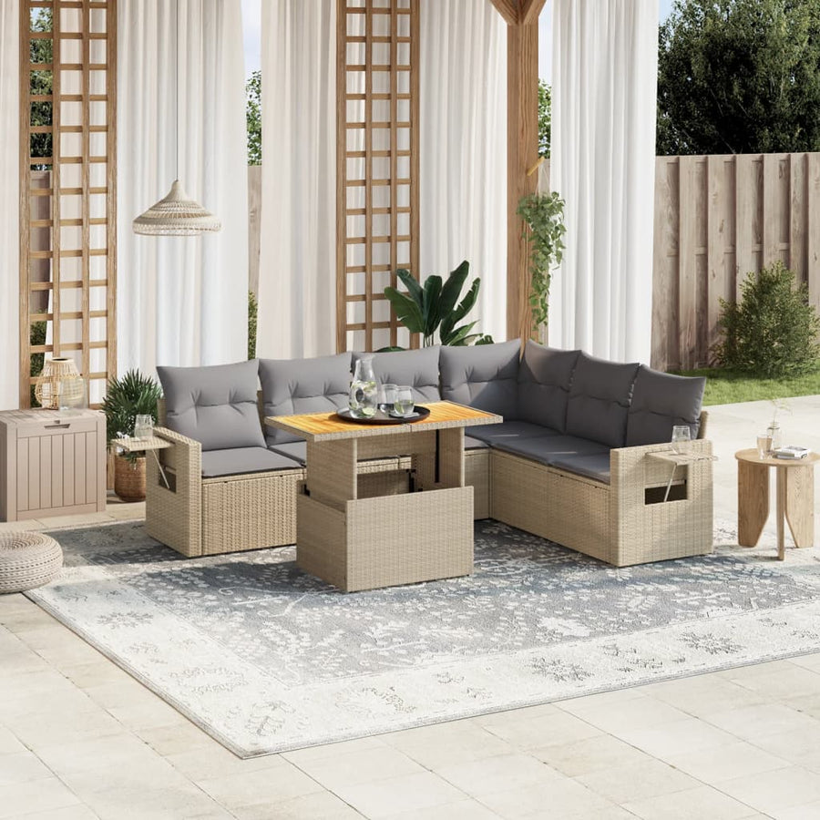 7 Piece Garden Sofa Set with Cushions Beige Poly Rattan