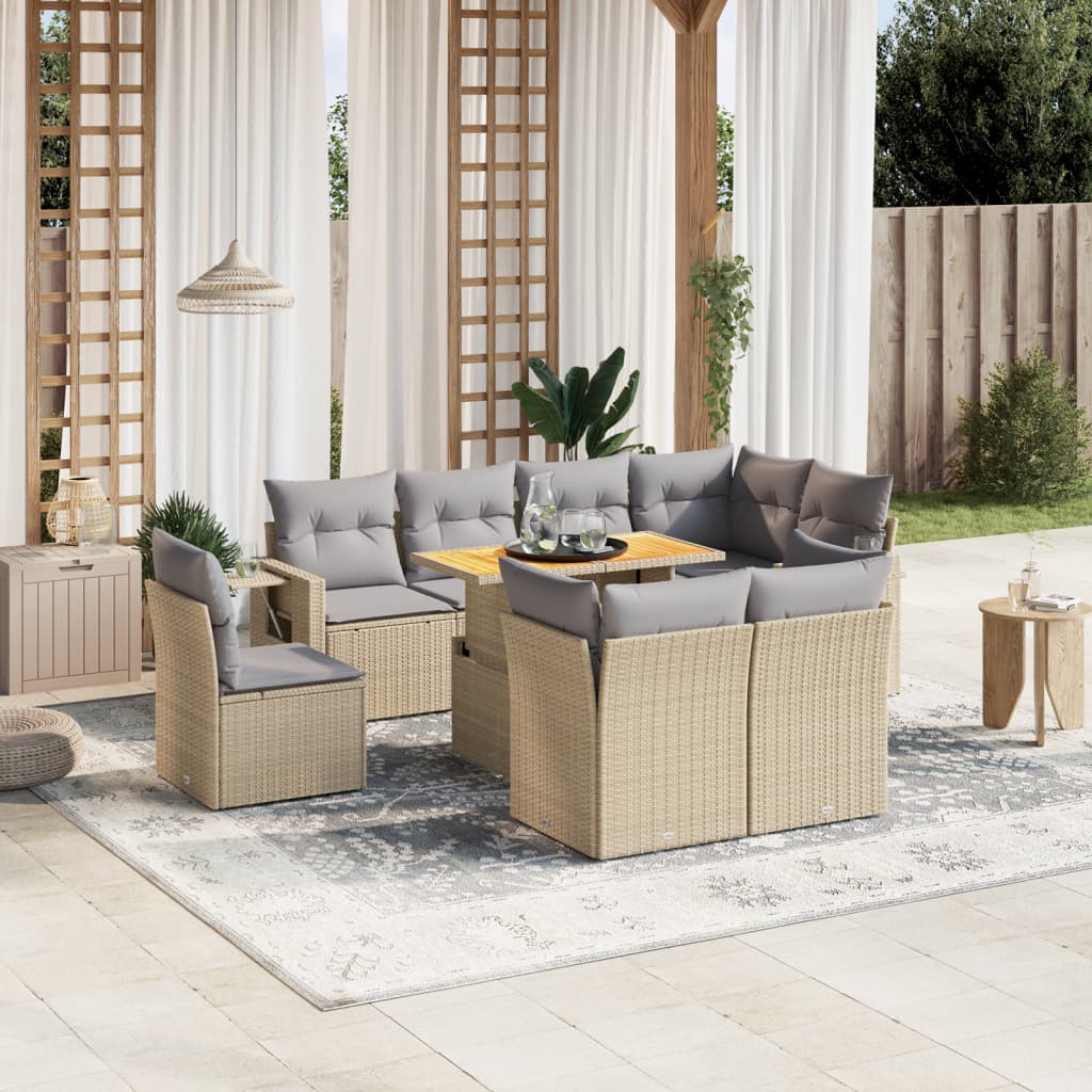 9 Piece Garden Sofa Set with Cushions Beige Poly Rattan