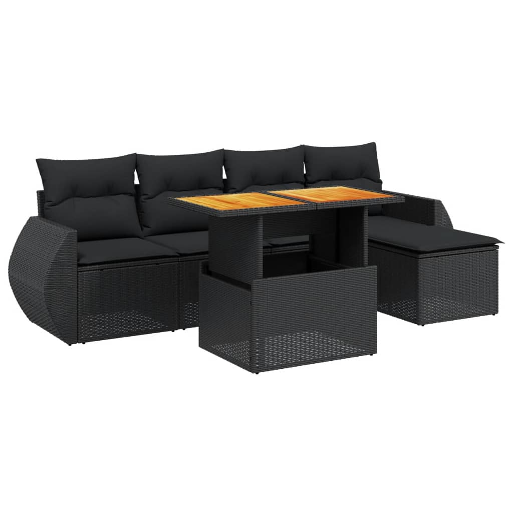 6 Piece Garden Sofa Set with Cushions Black Poly Rattan