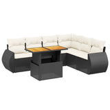7 Piece Garden Sofa Set with Cushions Black Poly Rattan - Front View