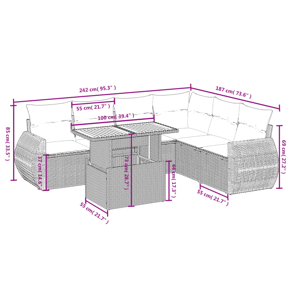 7 Piece Garden Sofa Set with Cushions Beige Poly Rattan