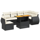7 Piece Garden Sofa Set with Cushions Black Poly Rattan - Front View