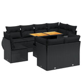 9 Piece Garden Sofa Set with Cushions Black Poly Rattan - Front View