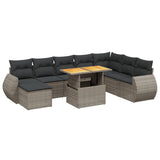 9 Piece Garden Sofa Set with Cushions Grey Poly Rattan - Front View