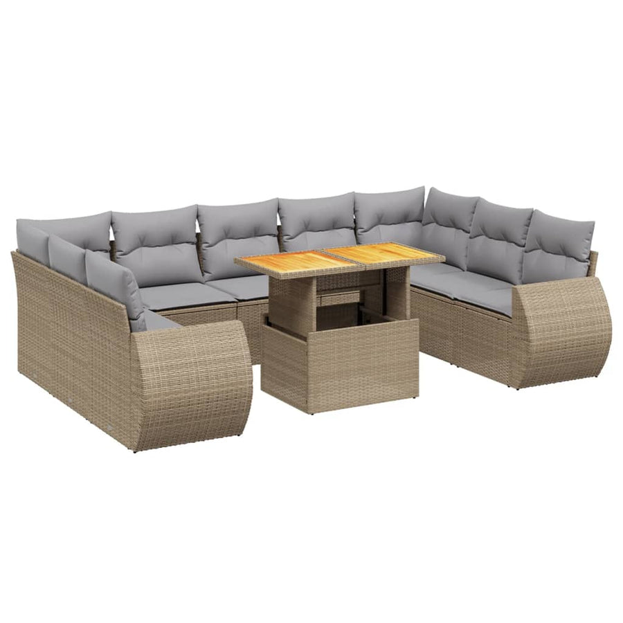 10 Piece Garden Sofa Set with Cushions Beige Poly Rattan