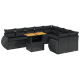 10 Piece Garden Sofa Set with Cushions Black Poly Rattan - Front View
