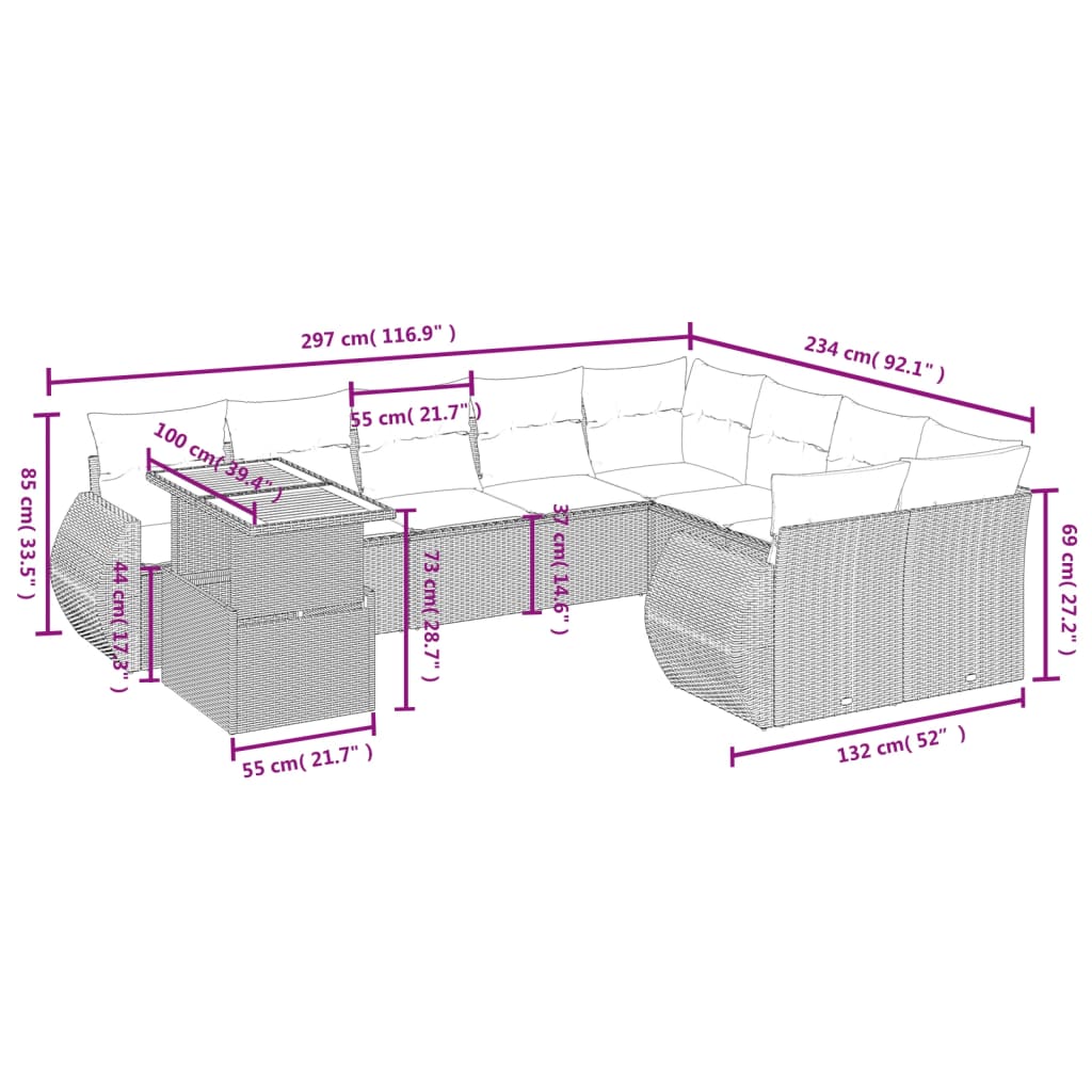 10 Piece Garden Sofa Set with Cushions Grey Poly Rattan