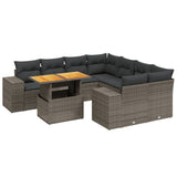 9 Piece Garden Sofa Set with Cushions Grey Poly Rattan - Front View
