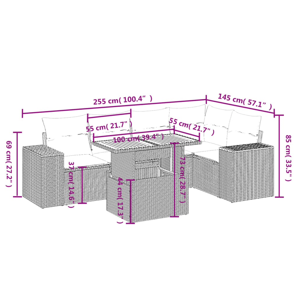 6 Piece Garden Sofa Set with Cushions Grey Poly Rattan