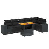 7 Piece Garden Sofa Set with Cushions Black Poly Rattan - Front View