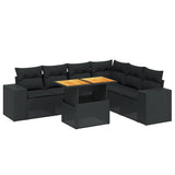7 Piece Garden Sofa Set with Cushions Black Poly Rattan - Front View