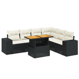 7 Piece Garden Sofa Set with Cushions Black Poly Rattan - Front View