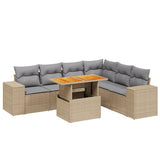7 Piece Garden Sofa Set with Cushions Beige Poly Rattan - Front View