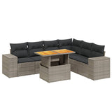 7 Piece Garden Sofa Set with Cushions Grey Poly Rattan - Front View