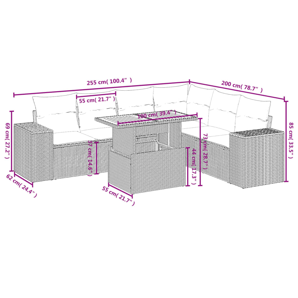 7 Piece Garden Sofa Set with Cushions Grey Poly Rattan