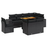 9 Piece Garden Sofa Set with Cushions Black Poly Rattan - Front View