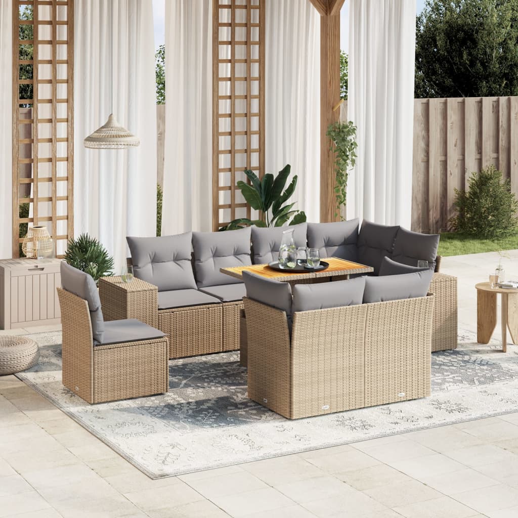 9 Piece Garden Sofa Set with Cushions Beige Poly Rattan
