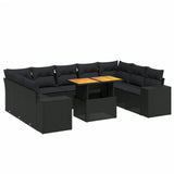 10 Piece Garden Sofa Set with Cushions Black Poly Rattan - Front View