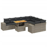 10 Piece Garden Sofa Set with Cushions Grey Poly Rattan - Front View